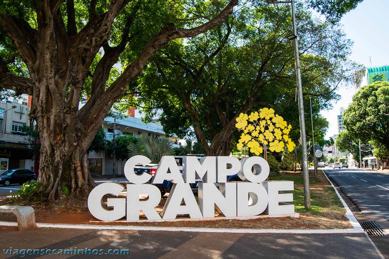 Portal com o nome Campo Grande entre árvores floridas de ipê amarelo